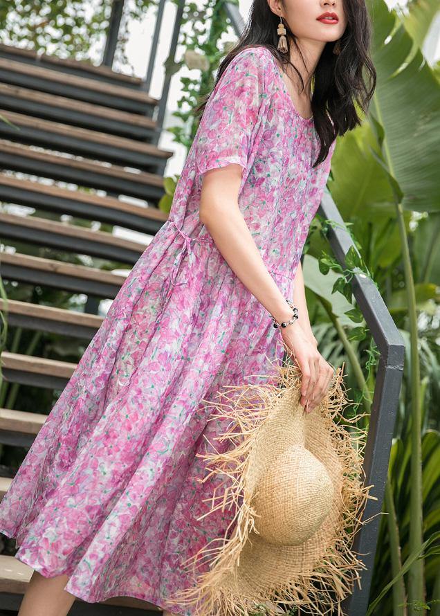 Fashion Women o neck patchwork linen pink print Dresses summer