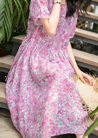 Fashion Women o neck patchwork linen pink print Dresses summer