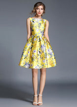 Load image into Gallery viewer, Fashion Yellow Print Wrinkled Patchwork Cotton Mid Dress Sleeveless