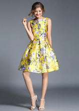 Load image into Gallery viewer, Fashion Yellow Print Wrinkled Patchwork Cotton Mid Dress Sleeveless
