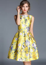 Load image into Gallery viewer, Fashion Yellow Print Wrinkled Patchwork Cotton Mid Dress Sleeveless