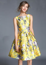 Load image into Gallery viewer, Fashion Yellow Print Wrinkled Patchwork Cotton Mid Dress Sleeveless
