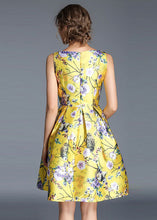 Load image into Gallery viewer, Fashion Yellow Print Wrinkled Patchwork Cotton Mid Dress Sleeveless