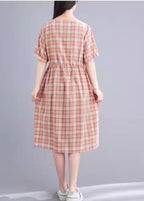Fashion Cotton Clothes Women Fabric Pink Plaid Loose Dress Summer