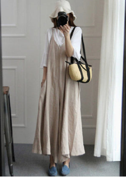 Fine Beige V Neck Pockets Spaghetti Strap Jumpsuit Pants Summer