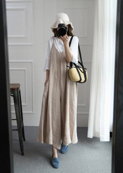 Fine Beige V Neck Pockets Spaghetti Strap Jumpsuit Pants Summer