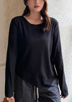 Fine Black Oversized Asymmetrical Design Spandex Shirt Tops Fall