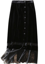 Load image into Gallery viewer, Fine Black Patchwork Button Silk Velour Skirts Spring