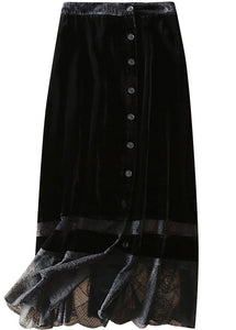 Fine Black Patchwork Button Silk Velour Skirts Spring