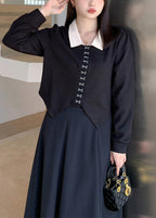 Fine Black Peter Pan Collar Patchwork Spandex Top Fall