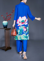 Fine Blue Peter Pan Collar Floral Print Draping Silk Two Pieces Set Spring