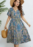 Fine Blue V Neck Print Slim Silk Holiday Maxi Dress Short Sleeve