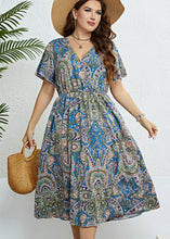 Load image into Gallery viewer, Fine Blue V Neck Print Slim Silk Holiday Maxi Dress Short Sleeve