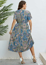Load image into Gallery viewer, Fine Blue V Neck Print Slim Silk Holiday Maxi Dress Short Sleeve