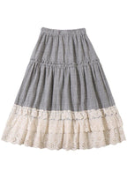 Fine Light Gray Plaid Patchwork Wrinkled Lace Fall Skirts