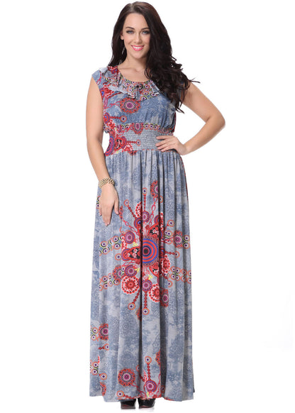Fine O-Neck Print Elastic Waist Ice Size Long Dress Summer