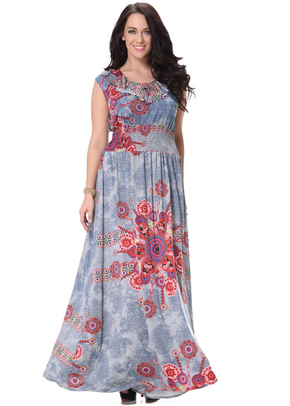 Fine O-Neck Print Elastic Waist Ice Size Long Dress Summer