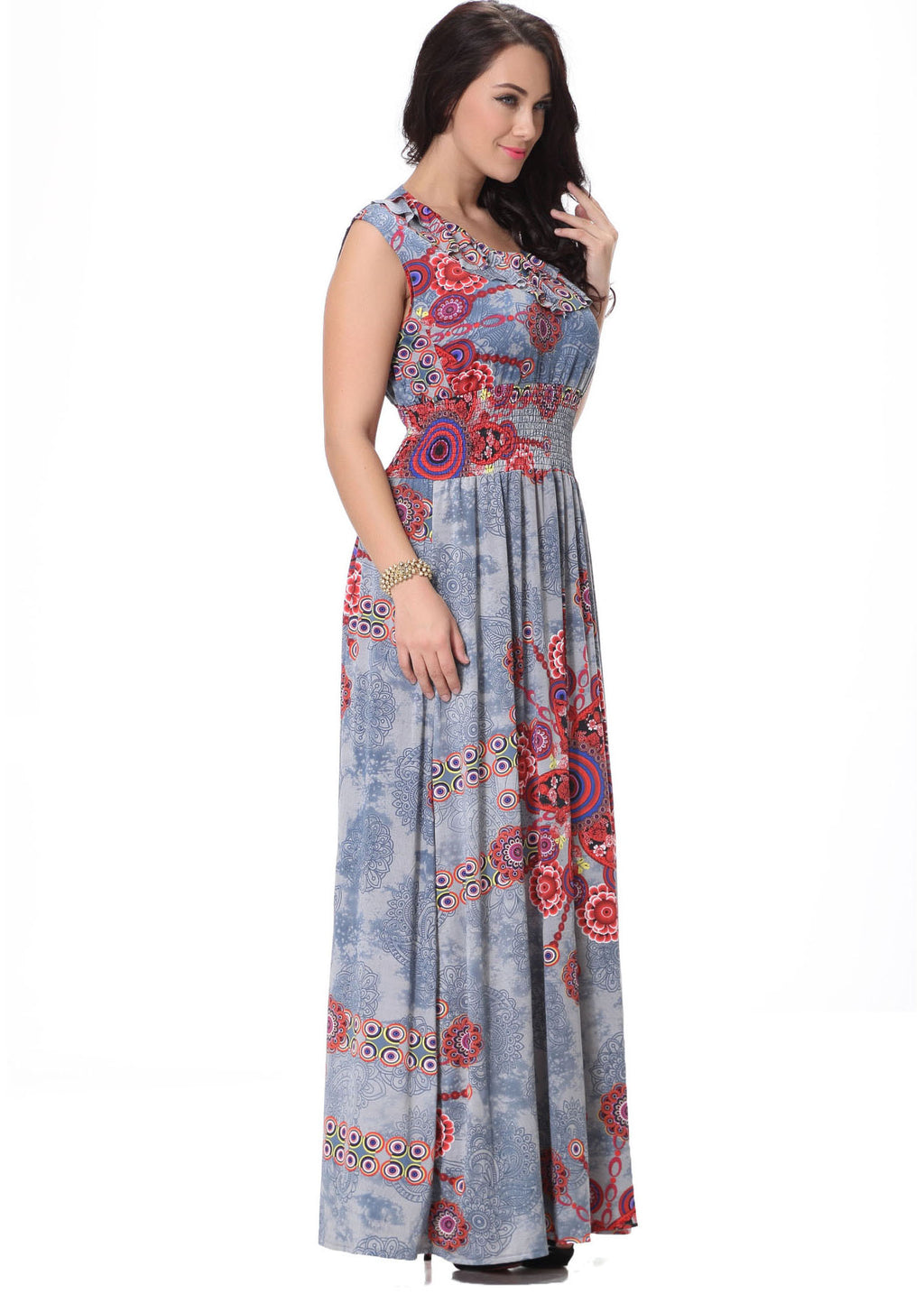 Fine O-Neck Print Elastic Waist Ice Size Long Dress Summer