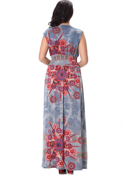 Fine O-Neck Print Elastic Waist Ice Size Long Dress Summer