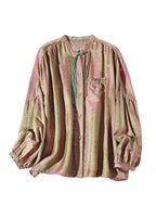 Fine Pink Green Stand Collar Print Button Lantern Sleeve