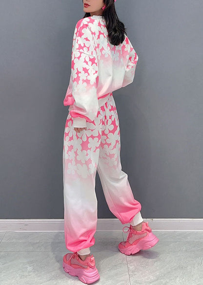 Fine Pink O-Neck Print Patchwork Cotton Two Piece Suit Set Long Sleeve