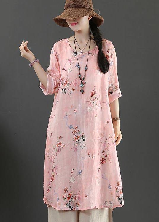 Fine Pink Print Pockets Long Linen Summer Blouse Tops