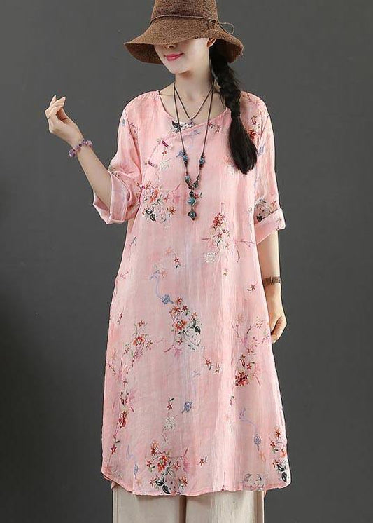 Fine Pink Print Pockets Long Linen Summer Blouse Tops