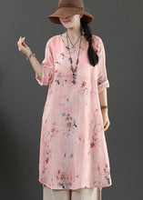Load image into Gallery viewer, Fine Pink Print Pockets Long Linen Summer Blouse Tops