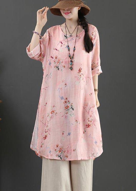 Fine Pink Print Pockets Long Linen Summer Blouse Tops