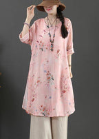 Fine Pink Print Pockets Long Linen Summer Blouse Tops