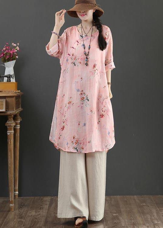 Fine Pink Print Pockets Long Linen Summer Blouse Tops