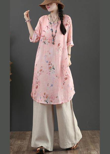 Fine Pink Print Pockets Long Linen Summer Blouse Tops