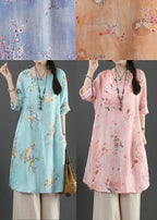 Fine Pink Print Pockets Long Linen Summer Blouse Tops