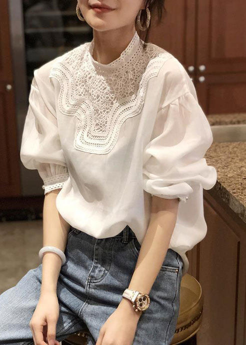 Fine White Stand Collar Patchwork Lace Chiffon Shirt Top Puff Sleeve