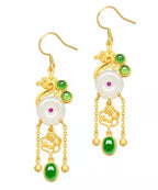 Fine White Sterling Silver Inlaid Gem Stone Jade Tassel Drop Earrings