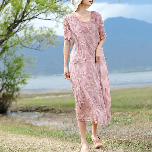 Fine pink embroidery silk cotton blended caftans casual O neck caftans New half sleeve baggy dresses