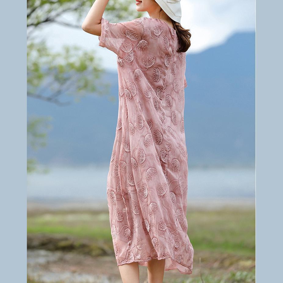 Fine pink embroidery silk cotton blended caftans casual O neck caftans New half sleeve baggy dresses