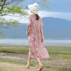 Fine pink embroidery silk cotton blended caftans casual O neck caftans New half sleeve baggy dresses