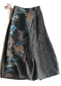 Fitted Black Asymmetrical Design Print Silk Wide Leg Crop Pants Summer