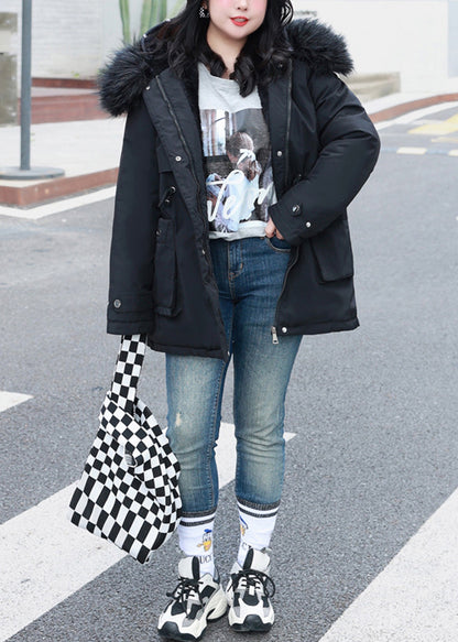 Fitted Black Fur Collar Cinched Fine Cotton Filled Puffer Jacket Winter