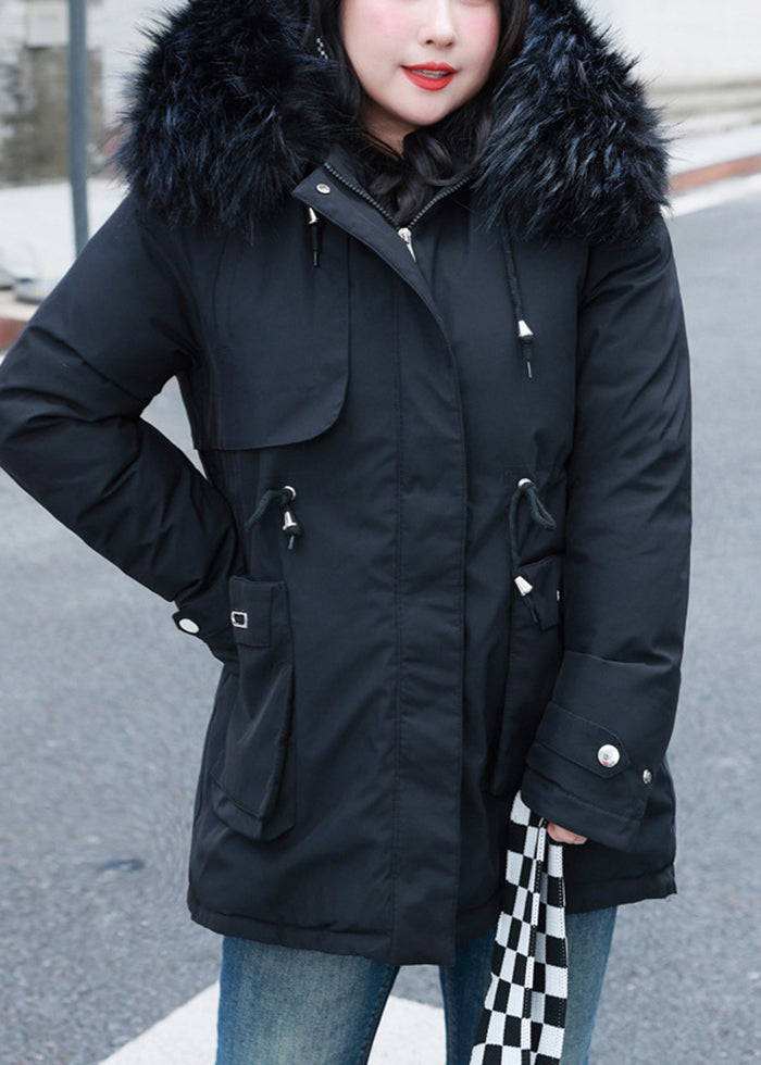 Fitted Black Fur Collar Cinched Fine Cotton Filled Puffer Jacket Winter