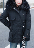 Fitted Black Fur Collar Cinched Fine Cotton Filled Puffer Jacket Winter
