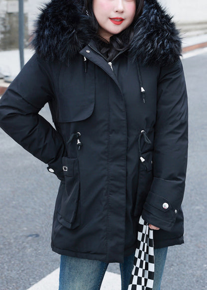 Fitted Black Fur Collar Cinched Fine Cotton Filled Puffer Jacket Winter