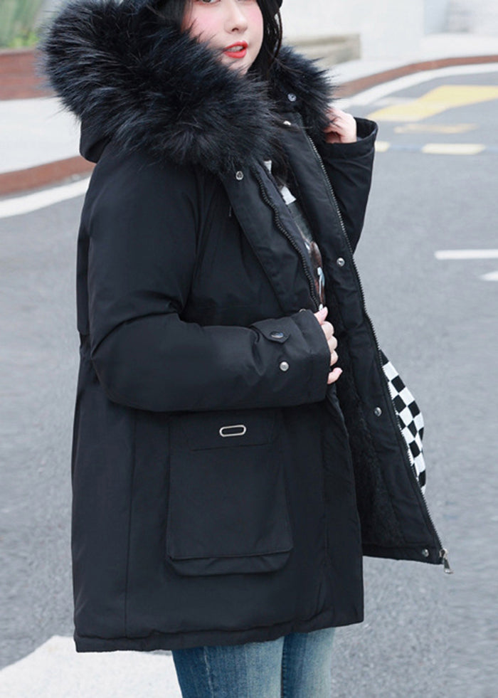 Fitted Black Fur Collar Cinched Fine Cotton Filled Puffer Jacket Winter