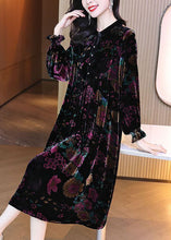 Load image into Gallery viewer, Fitted Black Oversized Patchwork Print Wrinkled Silk Velour Long Dress Spring