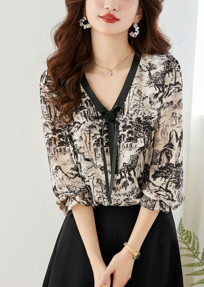 Fitted Black V Neck Tie Dye Chiffon Shirt Tops Lantern Sleeve