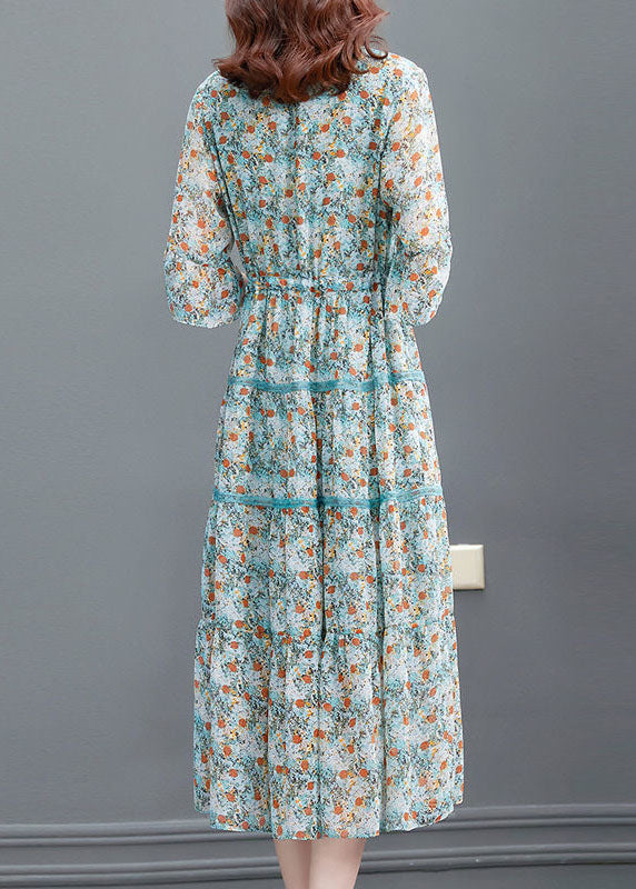 Fitted Blue Cinched Patchwork Wrinkled Chiffon Long Dresses Summer
