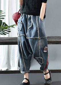 Fitted Denim blue Patchwork Print fashion Fall Pants
