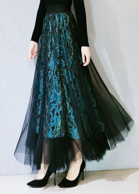 Fitted Green Embroideried High Waist Hollow Out Lace A Line Skirts Spring