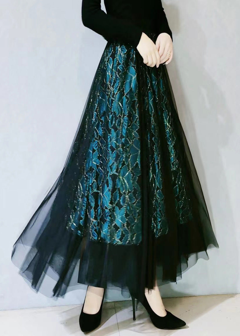 Fitted Green Embroideried High Waist Hollow Out Lace A Line Skirts Spring